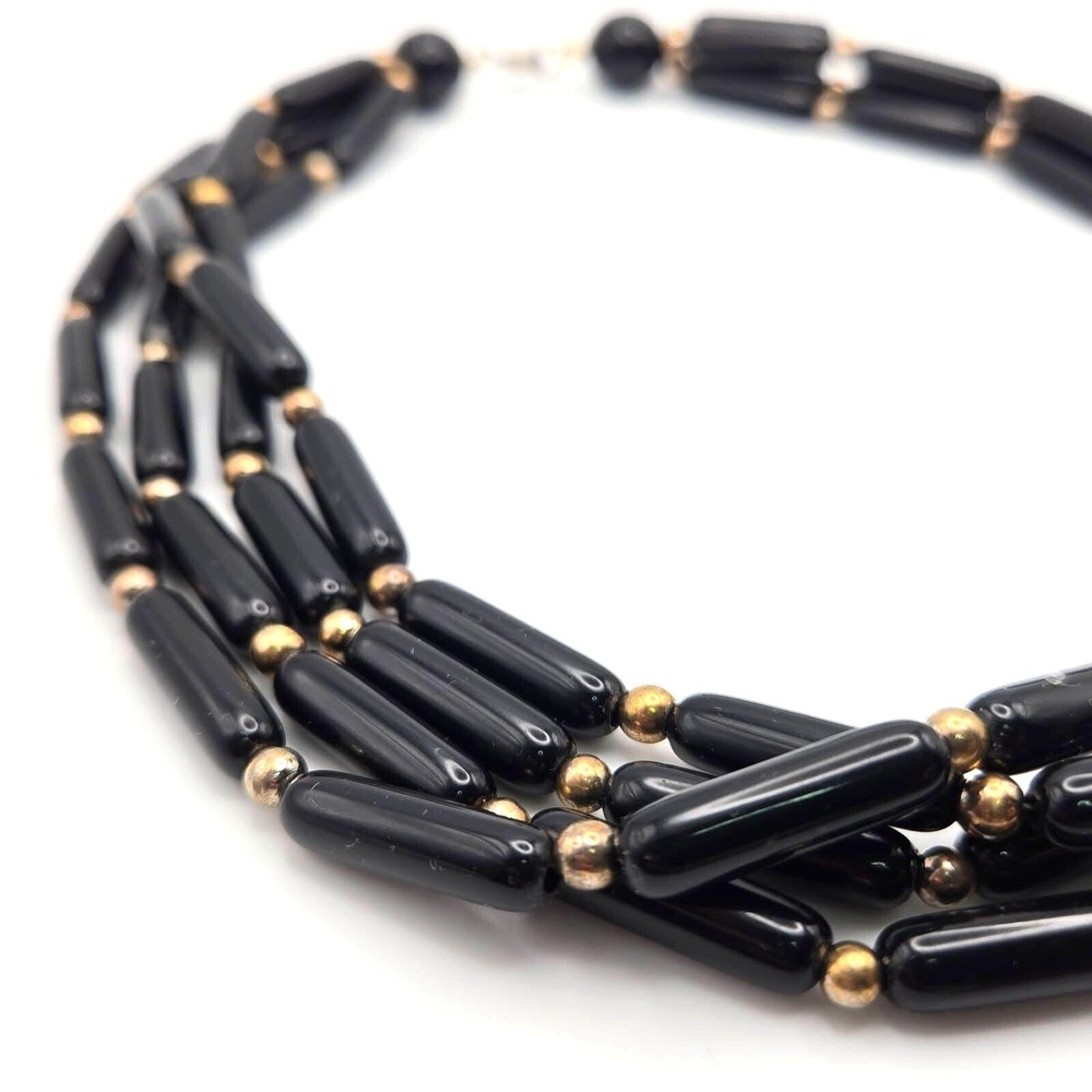 Vintage 4-Strand Black Lucite‎ Beads with Small Goldtone Beads Choker Necklace